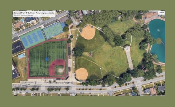 Aerial view of sports fields and park.